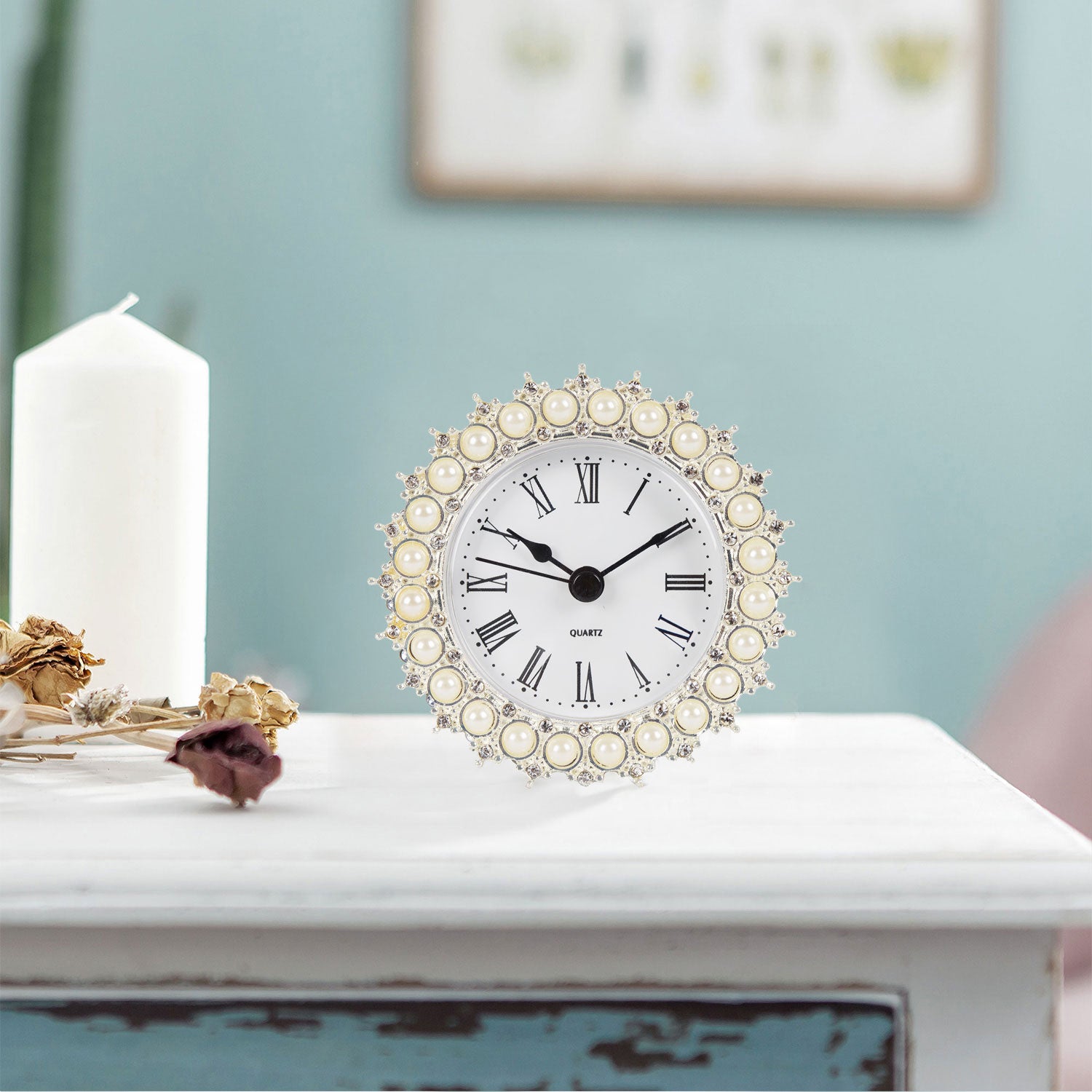 Nikky Home Table Clock Shabby Chic Faux Pearl Diamond Small Round Cream White Decorative Silent Desk Clock Elegant Table Decor for Bedroom Living Room