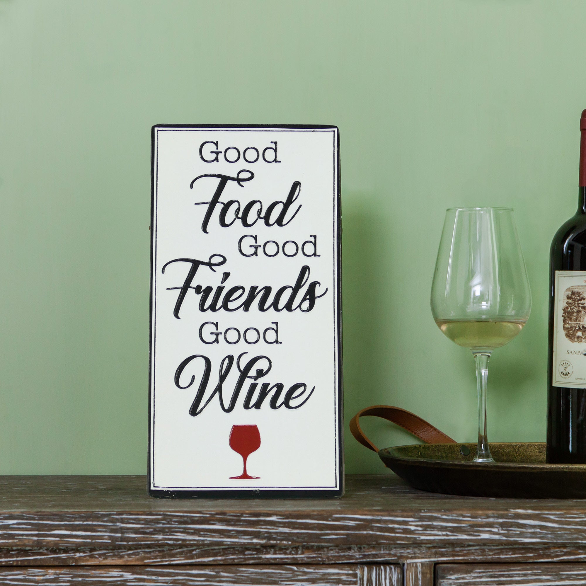 Metal Plaque Tabletop Sign Good Food Good Friends Good Wine - Nikky Home