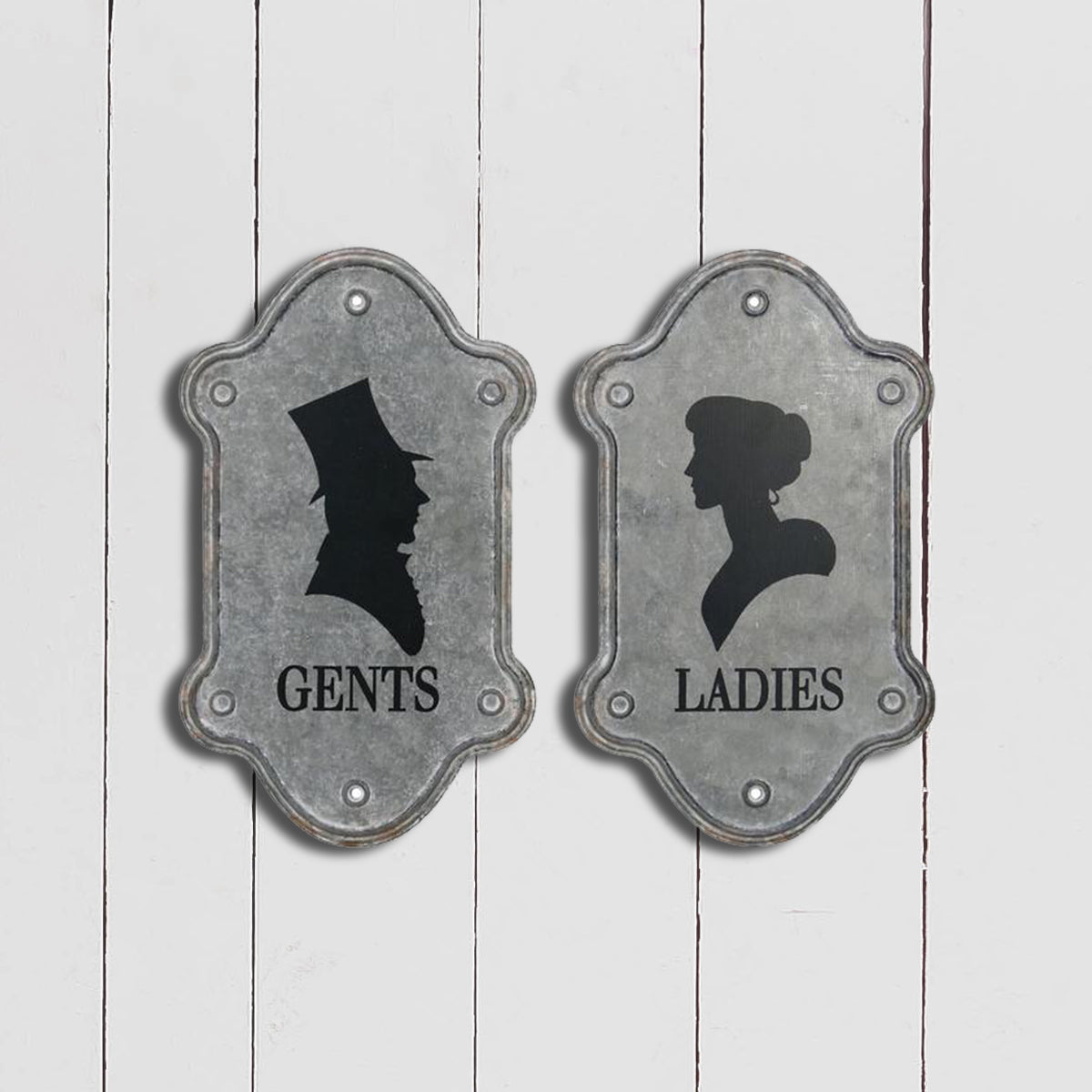 Nikky Home Wall Sign Gents And Ladies Small Toilet Symbol Galvanized Metal 12×14 Inch, Set of 2