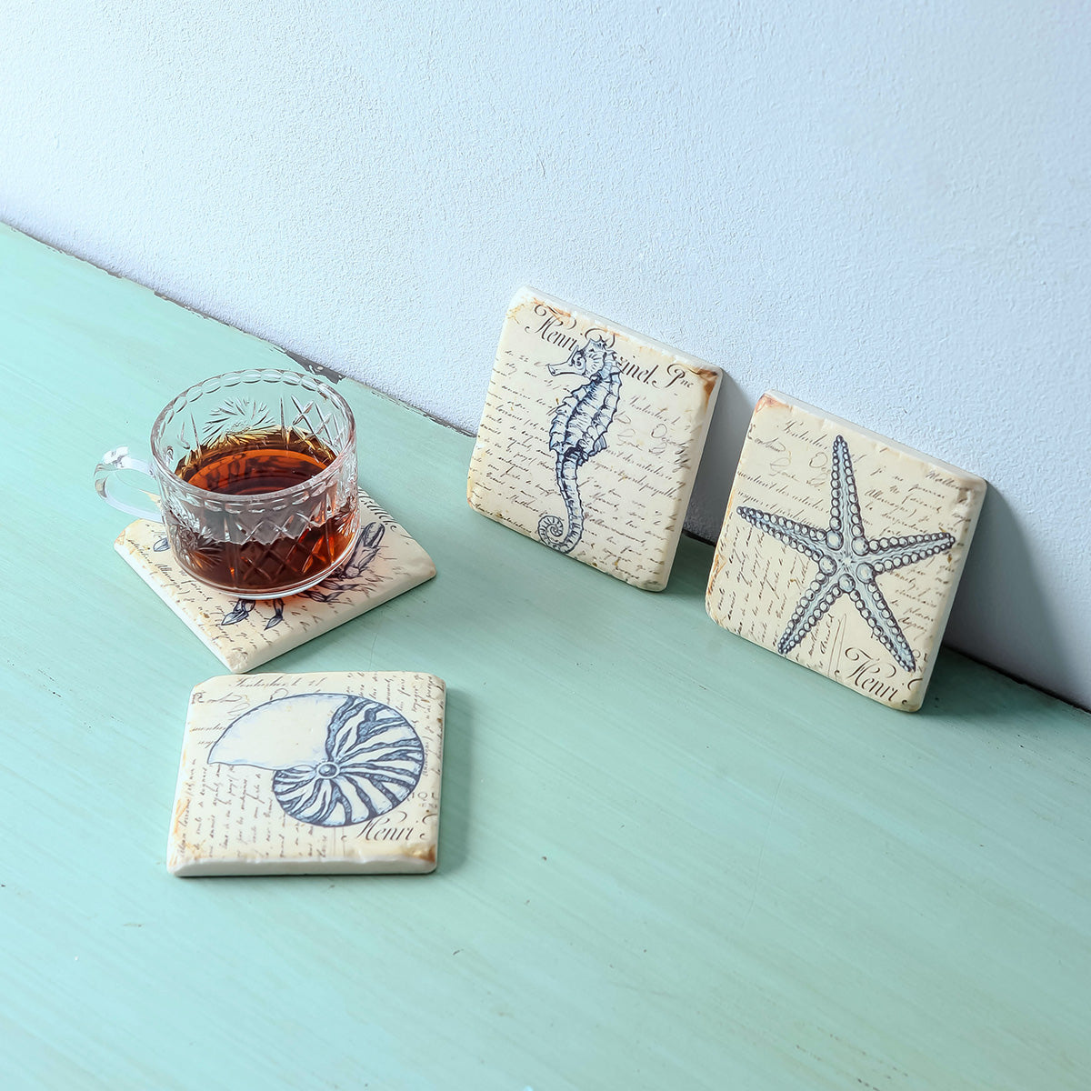 Nikky Home Coaster Set of 4, Beach Themed Resin Cup Mat Nautical Style  for Kitchen Dining Room