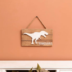 Nikky Home Wall Art Small White Tyrannosaurus Picture Wooden Hanging with Rope 11 x 6 Inch Perfect Gif for Boys